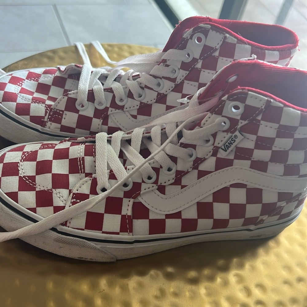 Red checkered Red High Top Vans